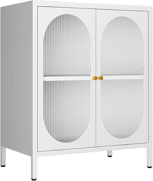 2 Translucent Door Metal Accent Storage Cabinet for Home, Living Room,Office Room,Kitchen-Metal Locker Cabinet with 1 Adjustable Shelves-2-Tier (White)