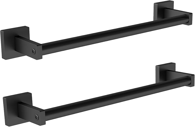 MKO Towel Bar for Bathroom, 16" 2 Pack Wall Mounted Towel Rack, Black | Hand Towel Holder Rod with Heavy-Duty Stainless Steel for Bathroom Kitchen Hanger, 2 Pack Value