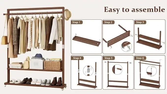 Solid Wood Clothes Rack with Wheels 3-in-1 Garment Rack Extra Long Rod 2 Shelves