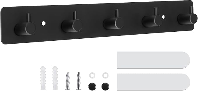 Wall Mount Coat Rack, 5-Hook Metal Towel and Hat Hook, Black | Adhesive Or Screw Mount, Rounded Smooth Hooks, Sturdy Metal, For Towels, Coats, Hats, Bags