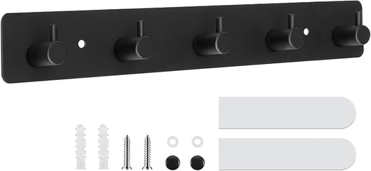 Wall Mount Coat Rack, 5-Hook Metal Towel and Hat Hook, Black | Adhesive Or Screw Mount, Rounded Smooth Hooks, Sturdy Metal, For Towels, Coats, Hats, Bags