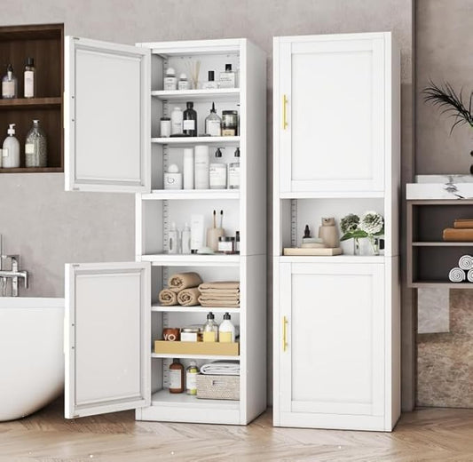 Tall Metal Narrow Bathroom Storage Cabinet 67" H, Tall White Pantry Cabinets with 4 Adjustable Shelves and 2 Doors for Kitchen, Home Office, Living Room, Dining Room(20 inches Wide)