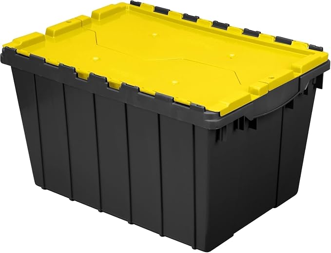 Akro-Mils KeepBox 12 Gallon Storage Container, Nesting and Stackable Plastic Storage Box with Lid Attached, Organizer Tote for Garages, Closets, and Moving, 21-1/2" x 15" x 12-1/2", Black/Yellow