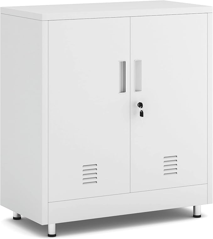 JINGUR Metal Storage Cabinet with Locking Doors and Adjustable Shelf, Small Lockable Sideboard Buffet Cabinet for Home Office Hallway Entryway Living Dining Room (White)