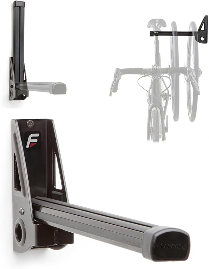 Feedback Sports Velo Wall Post Bike Storage Mount + Bike Wheel Storage | Fold-away post saves wall space while holding bikes or wheels; rubber-coated arms protect frame finishes