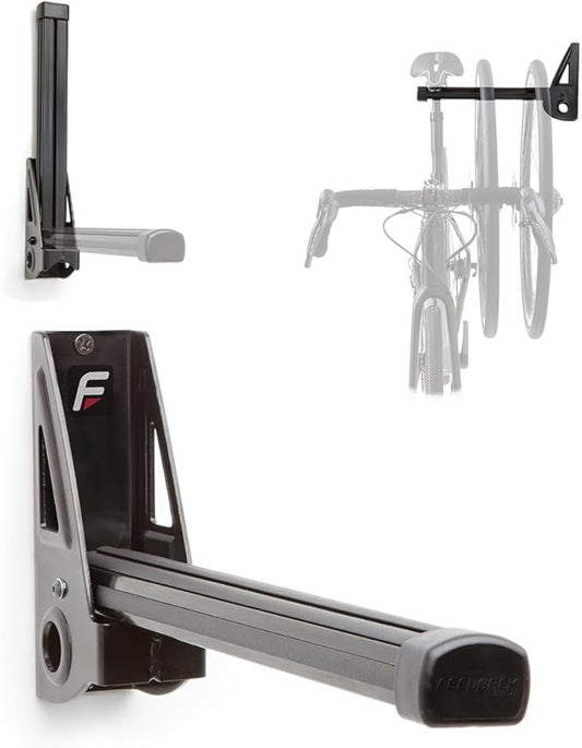 Feedback Sports Velo Wall Post Bike Storage Mount + Bike Wheel Storage | Fold-away post saves wall space while holding bikes or wheels; rubber-coated arms protect frame finishes