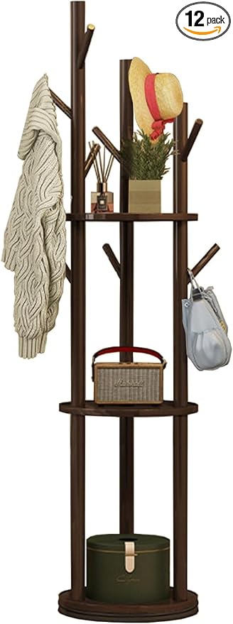 YYW 360° Wood Coat Rack Stand With Hooks And Shelves Standing Organizer | Free Standing Rotating Organizer, Includes 9 Hooks And 3 Shelves, Perfect For Bedroom, Hallway, Small Space