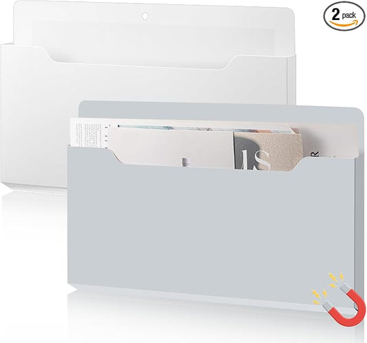 Feifeiya 2 Pcs Magnetic File Folder Wall Hanging Holder Large Pocket Paper Magazine Mail Organizer for Refrigerator Classroom Locker Whiteboard(Horizontal,White Grey,13.8 x 8.3 Inches)