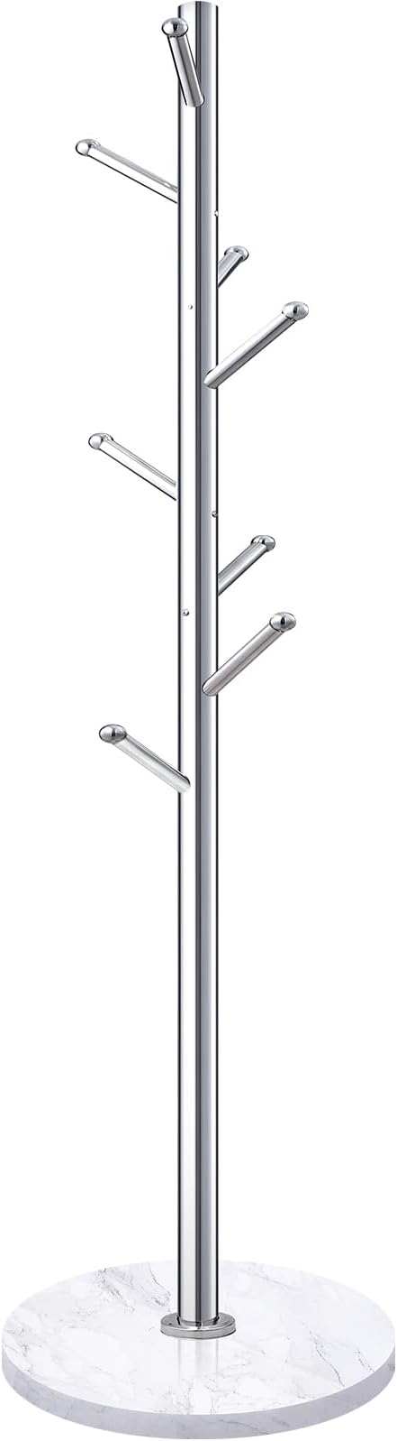Homde Metal Coat Rack Stand: Natural Marble Base with 8 Hooks (Silver) | Stainless Steel Freestanding Clothes Tree Hanger for Coat Jackets Hat Scarves Handbags - Hall Hanger for Entryway Bedroom