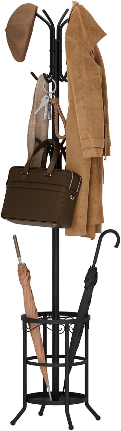 Coat Rack Freestanding with Umbrella Holder – Metal Hanger Stand, Hall Tree with 12 Hooks, Entryway Organizer for Hats, Bags, and Clothes (Black)