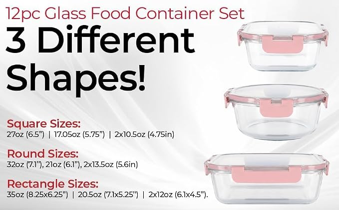 Magic Mill Premium Borosilicate Glass Food Storage Containers with lids Set | 24pc Sets with 12 Bowls & 12 Airtight Locking Lids for Lunch & Meal Prep, Safe for Oven, Freezer, Dishwasher, BPA-Free