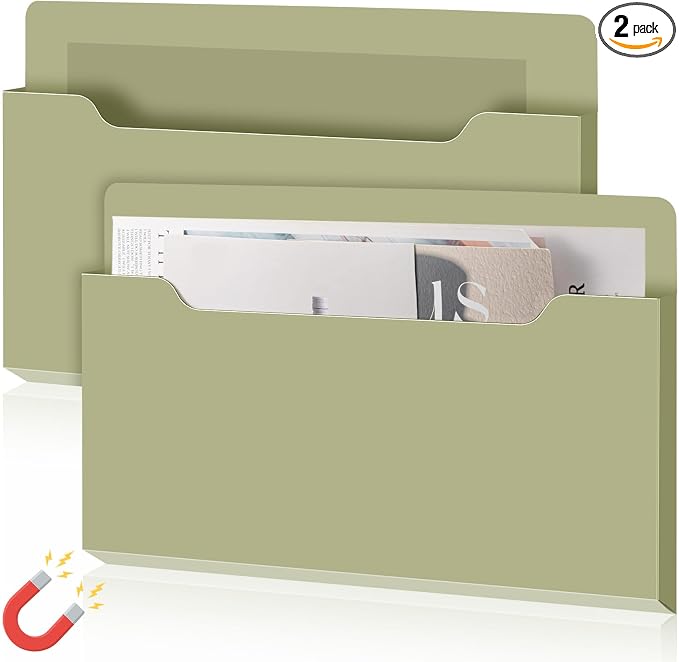 Feifeiya 2 Pcs Magnetic File Folder Wall Hanging Holder Large Pocket Paper Magazine Mail Organizer for Refrigerator Classroom Locker Whiteboard(Horizontal,Sage Green,13.8 x 8.3 Inches)
