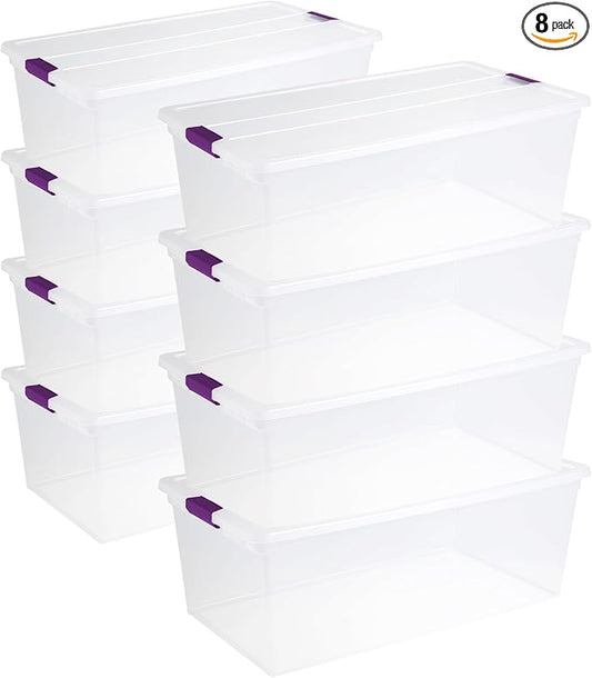 Sterilite Clearview Latch Boxes, Storage Bins with Lids, 110 Quart, 8-Pack | Clear Plastic Organizers with Color Accent Latches for Closet, Bedroom, Shelving Units, Dorm Room and Home Organization