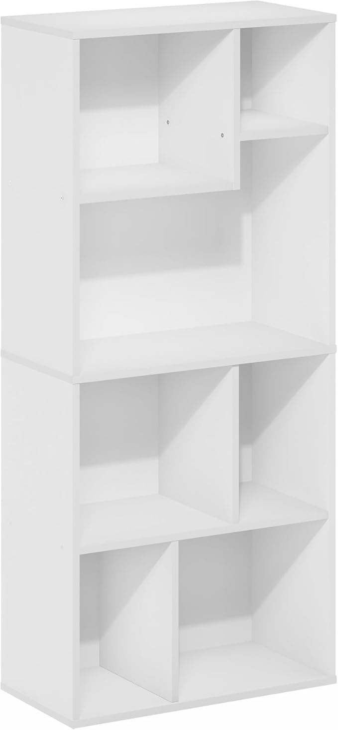 Furinno DALY Book Shelf, 7-Cube Bookshelf, Cube Storage Organizer Bookcase with Irregular Compartments, 9.4 x 18.9 x 42.1, for Living Room, Bedroom, Home Office, White