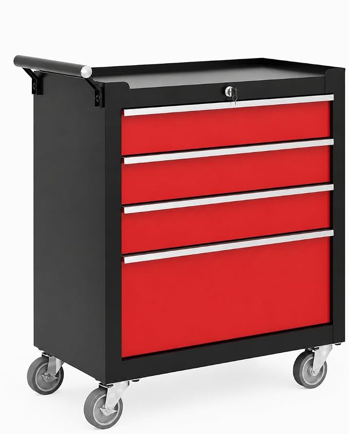 Garvee Rolling Tool Chest, 4 Drawers Tool Storage Cabinet, Toolbox with Wheels, Portable Tool Cabinet Organizer with Locking System & Drawer Liners, Tool Storage Cart for Garage, Workshop, Black＆Red