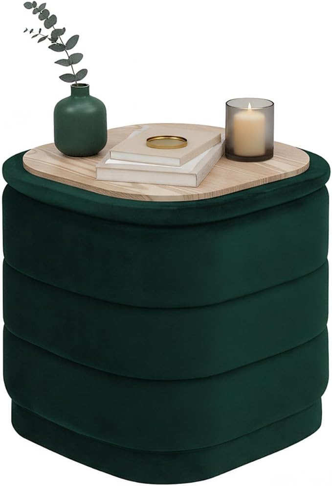 B FSOBEIIALEO Velvet Storage Ottoman with Tray, Square Folding Ottoman with Storage Coffee Table Foot Rest for Dorm Room, Living Room Bottle Green, 15"x15"x15"