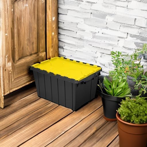 Akro-Mils KeepBox 12 Gallon Storage Container, Nesting and Stackable Plastic Storage Box with Lid Attached, Organizer Tote for Garages, Closets, and Moving, 21-1/2" x 15" x 12-1/2", Black/Yellow