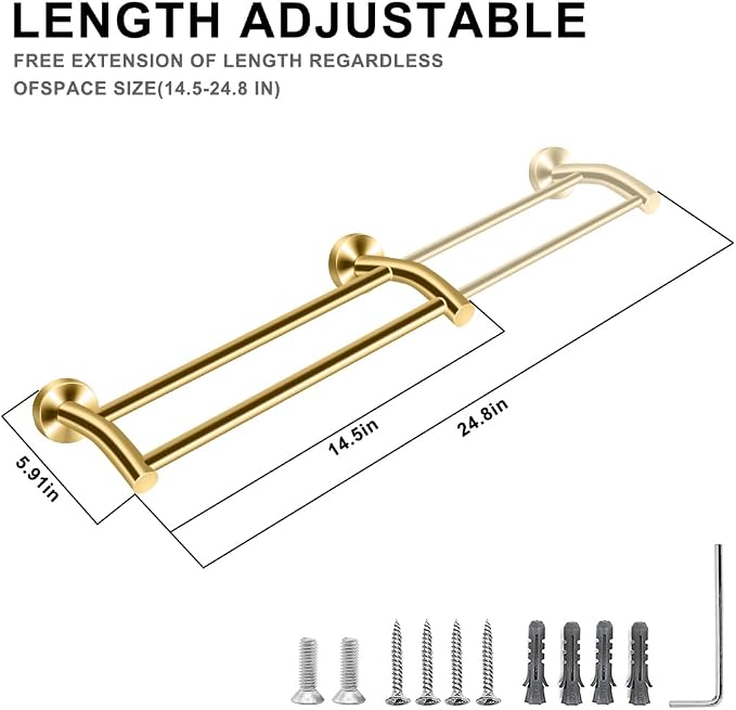 MGahyi Gold Telescopic Double Towel Bar Wall Mount 14.5-24.8Inch | Rustproof Towel Rack with Widened Spacing, Scratch-resistant & Durable for Bathroom Kitchen RV