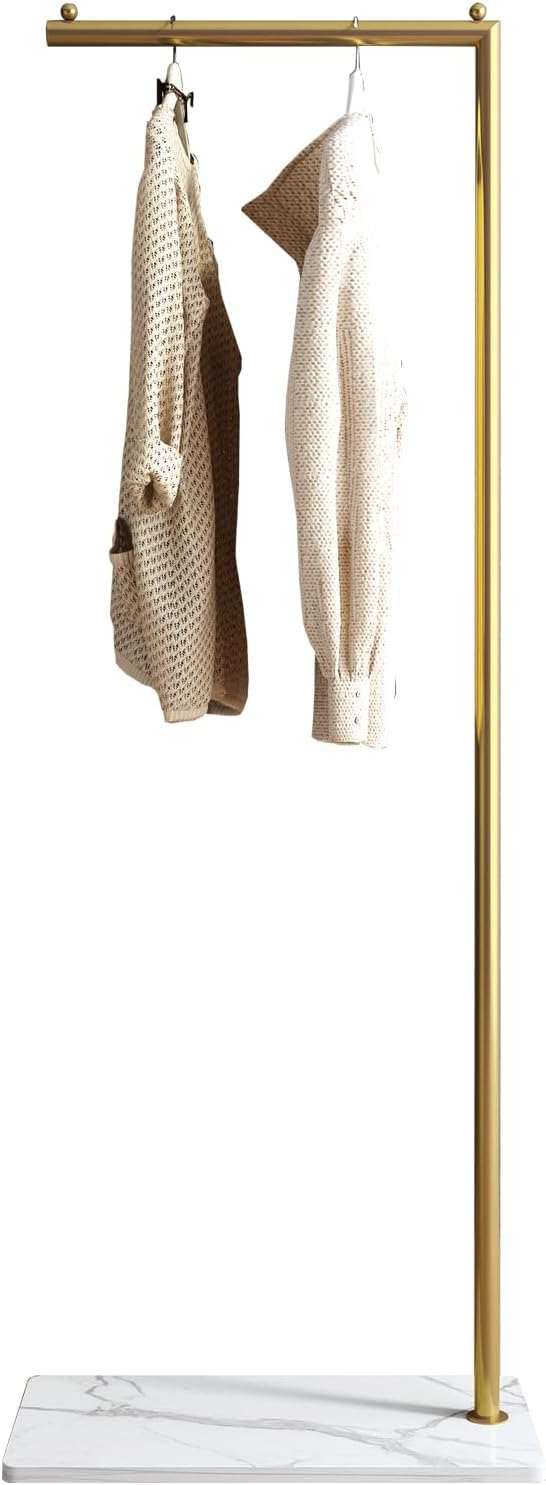 Gold clothing rack with Marble Base,Modern clothes racks for hanging clothes,7-shaped coat rack Freestanding Small garment rack Clothes Hanging Rack for Small Space,Bedroom or cloakrooms