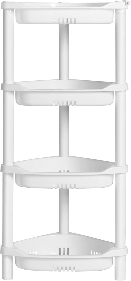 ELYKEN Corner Shower Caddy Standing, 4 Tier Plastic Shower Organizer, White | Rustproof Plastic Shower Shelves with Hook for Storing Bath Essentials in Bathroom corner, Bathtub