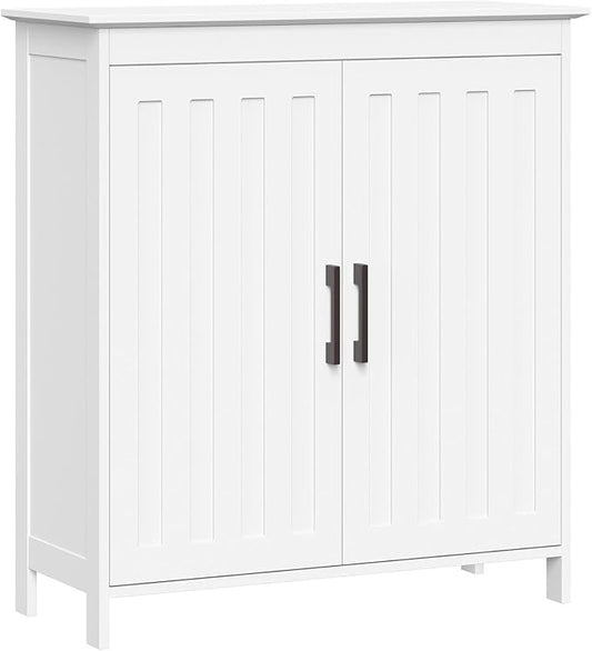 RiverRidge Monroe Two-Door Bathroom Floor Storage Cabinet - White | Linen Cabinet with Adjustable Interior Shelf and Soft Close Hinges, Matte Black Handles