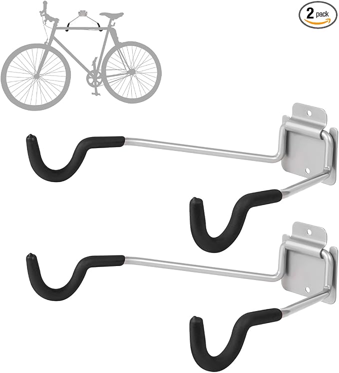 Bike Wall Mount Hangers，EVA Foam Padded Bicycle Hooks-Flip-Up Garage Bicycle Rack for Mountain, Road, and Kids Bikes Rack Holders 2 Pack Silver, Black