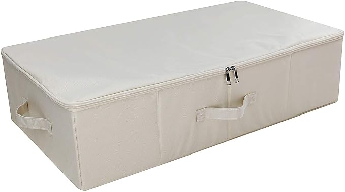 Folding Underbed Shoes Clothes Storage Organizer Basket with Zip Lid,Beige | Underbed Clothes Organizer Basket, Garment Storage Boxes, folding washable rigid sturdy storage bins for clothing shoes duvet