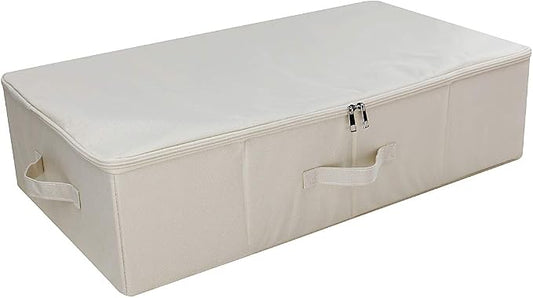 Folding Underbed Shoes Clothes Storage Organizer Basket with Zip Lid,Beige | Underbed Clothes Organizer Basket, Garment Storage Boxes, folding washable rigid sturdy storage bins for clothing shoes duvet