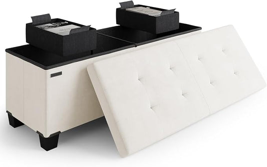 Storage Ottoman Bench with Bins, 43-in Storage Bench for Bedroom End of Bed, Folding Foot Rest Ottoman for Living Room Max 660lbs, Velvet Ottomans, Cream