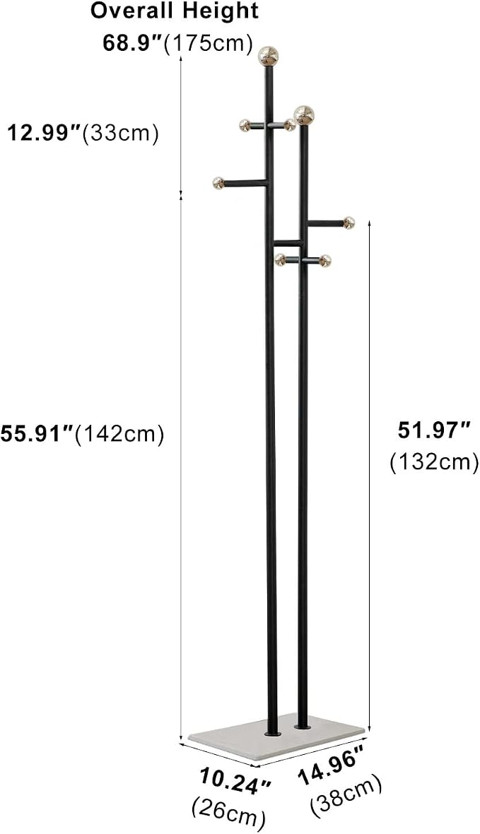Metal Standing Coat Rack for Entryway Bedroom Living Room (Black) | Easy Assembly, Compact Footprint, Space Saver, Metal Frame, Marble Base, Sturdy, 8 Spherical Hooks, Office, Corner