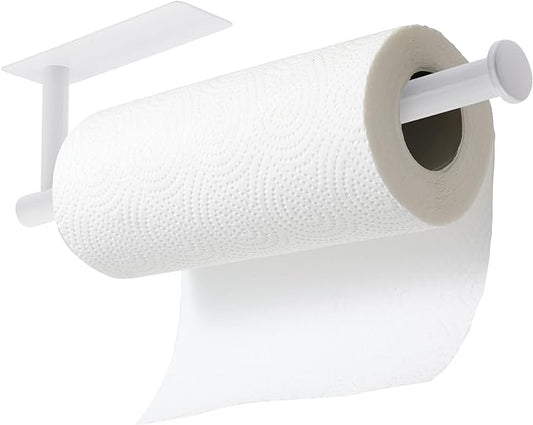 theaoo Under Cabinet Paper Towel Holder for Kitchen, Self-Adhesive, White | Wall Mounted Paper Towel Roll Rack for Bathroom or Kitchen, SUS304 Stainless Steel, Install with Adhesive or Screws