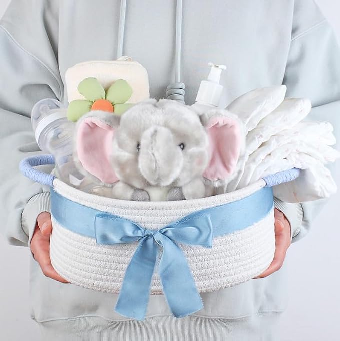 Yimi's Dream White and Blue Cotton Rope Gift Basket with Handle, 12 x 8 in | Small Cute Shelf Baskets for Baby Shower, Baby Boy Gifts, Easter, Birthdays, Wedding, Nursery, Shelves, and Home Decor