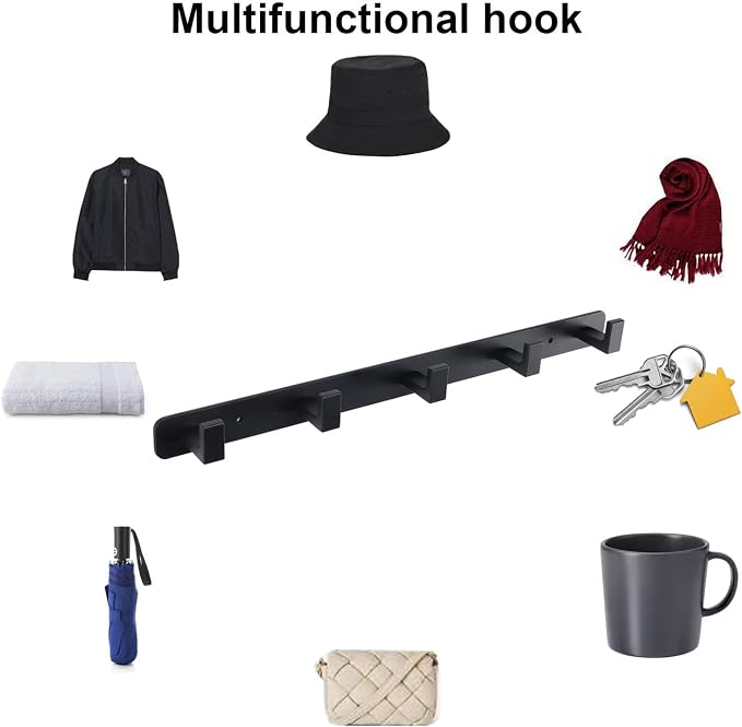 Coat Rack, Heavy Duty Stainless Steel 5 Tri Coat Hook Hanger, Wall Mounted Wall Hooks, Rustic Clothes Hook/Key Hook Rail for Bathroom Kitchen Entryway(2 Pack, 5 Hook Black)