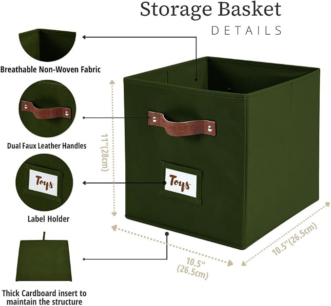 DECOMOMO Storage Bins, Cube Storage Bin with Labels | 10.5" x 11" Fabric Storage Cubes for Shelves (6pcs, Olive Green)
