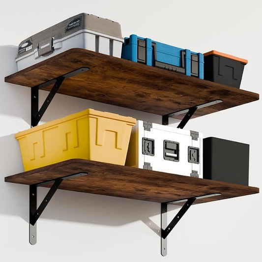 Dogsky 2-Pack Garage Storage Shelving Wall Mounted, 3x2Ft (36x24In) Heavy Duty Wood Floating Wall Shelf, 300lbs Capacity Shelves for Garage, Closets, Utility Rooms and Kitchens, Burn Yellow