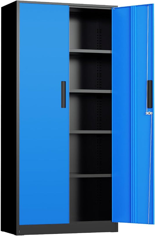 INTERGREAT Metal Storage Cabinet, 72" Locking Steel Cabinets with 2 Door and 4 Adjustable Shelves, Tall Metal Cabinet for Home Office, Garage, Warehouse, Black+Blue
