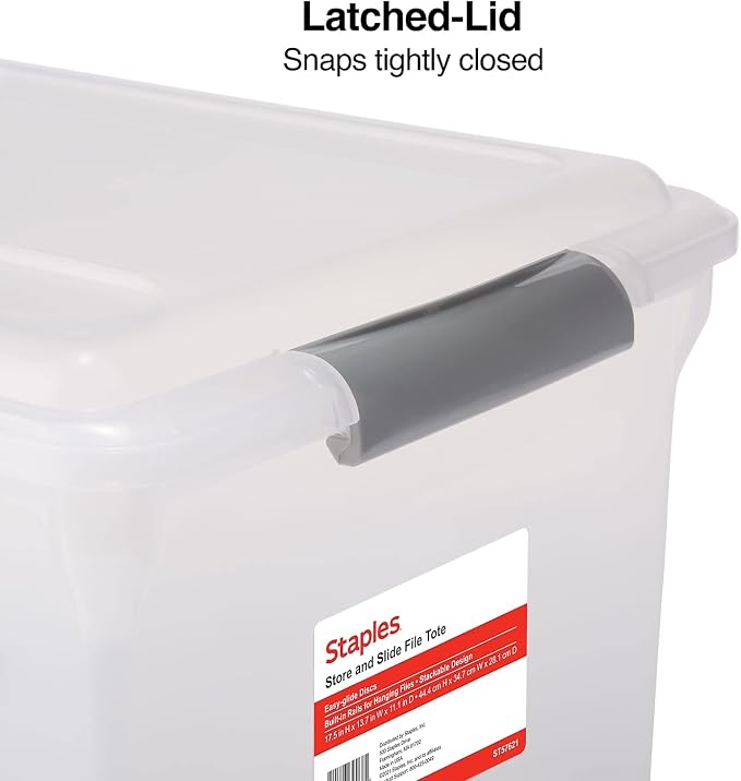 Staples Store & Slide Hanging File Box, Latch Lid, Letter/Legal Size, Clear