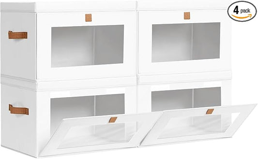 Homsorout Large Clothing Storage Bins - Collapsible Boxes with Handles & Window, Decorative Organizer Bins with Lids, Fabric Containers for Living Room, Dorm, 4 Pack, White
