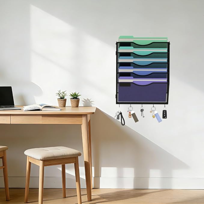 Gawerk Hanging Wall File Organizer with 5 Hooks - Wall Mounted Mail Paper Document Folder Holder, Sturdy Mesh Magazine Rack for Office Home (5 Tier)