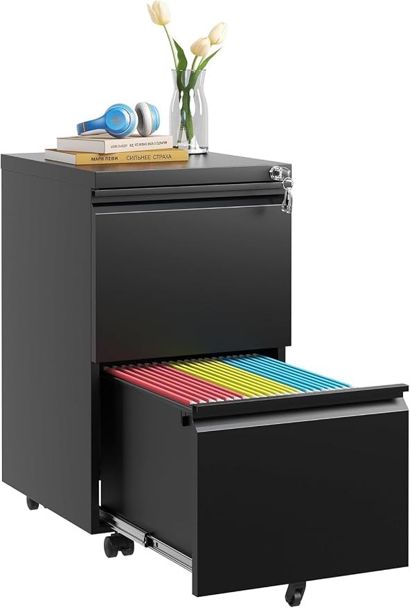 Guizeeopo 2 Drawer Locking File Cabinet, Fully Assembled Heavy-Duty Metal Filing Cabinets for Home Office, Quiet Slides, Anti-Tipping Wheels, Fits A4/Letter/Legal, Matte Black