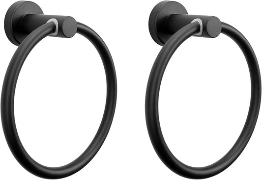 NearMoon Bath Towel Ring, Bathroom Hardware Accessories-Thicken Stainless Steel Hand Towel Holder for Bathroom, Modern Round Towel Hanger Wall Mounted (Matte Black, 2 Pack)