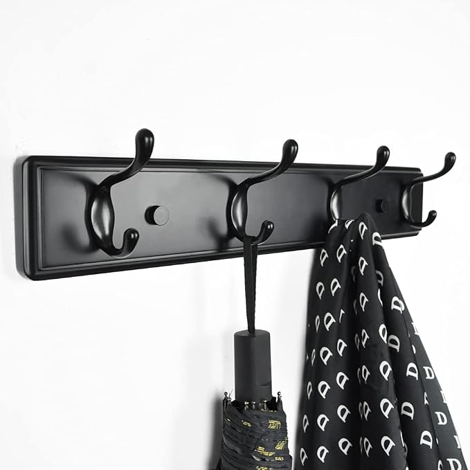 Badiano Wooden Coat Rack, Wall-Mounted Organizer for Closet, Entryway, Hallway, Foyer, Bedroom, Heavy Duty Double Hooks for Hanging Towels, Bags, Hats, Jackets, Key (Black, 4 Hooks)