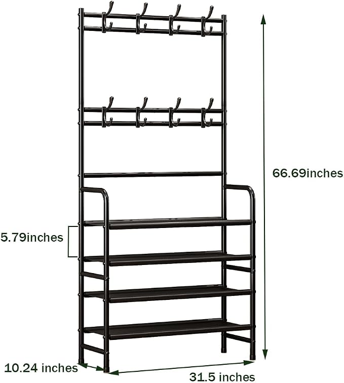 Coat Rack Shoe Rack With Storage Hooks Standing Organizer 4 Tier | Metal Freestanding Hall Tree for Clothes Hats bag Scarves Space Saving Design for Entryway Bedroom living Closet Office,Black