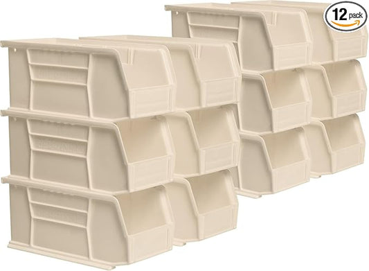 Akro-Mils 30230 AkroBins Plastic Storage Bins, 11"x5"x5", Stone, 12-Pack | Space-Saving Stackable Bins for Garage, Pantry, Craft Organization