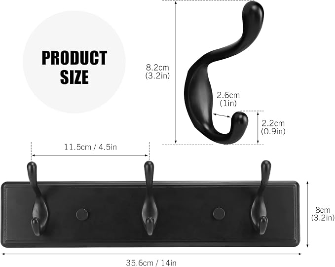 Badiano Wooden Coat Rack, Wall-Mounted Organizer for Closet, Entryway, Hallway, Foyer, Bedroom, Heavy Duty Double Hooks for Hanging Towels, Bags, Hats, Jackets, Key (Black, 3 Hooks)