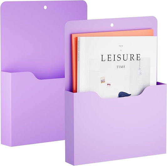 Marbrasse 2 Pack Magnetic File Holder - Paper Holder, Pocket Organizer,Hanging Wall File Organizer Office Supplies Storage, Magazine Mail Organizer Case for Notebooks,Planners,Letter (Purple)