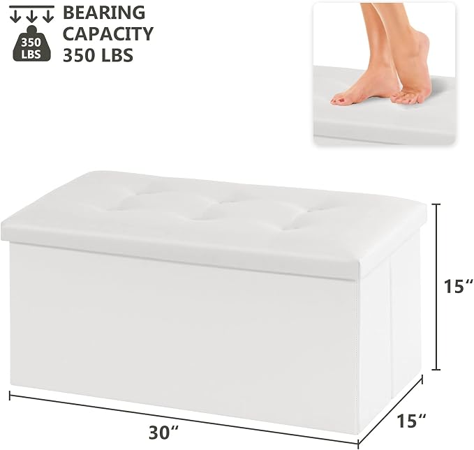 Youdesure White Folding Storage Ottoman Bench, Faux Leather Footrest for Living Room, Ottoman with Storage Padded Seat for Bedroom, Holds up to 350lbs