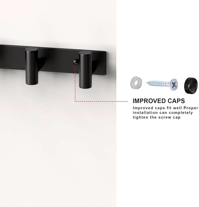 PMMASTO Coat Rack Wall Mounted, 5 "T Shaped Wall Hooks for Hanging, Heavy Duty Stainless Steel Coat Hook Rail for Hat Towel Robes in Bathroom Kitchen Mudroom Entryway (Black, 1 Pack)