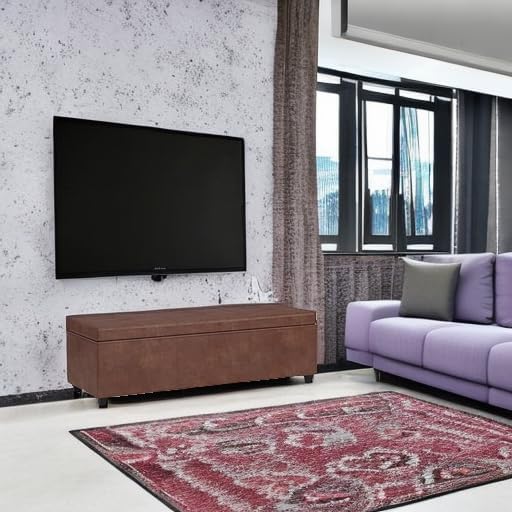SIMPLIHOME Avalon 60" Wide Fabric Storage Ottoman in Tanners Brown | Contemporary lift-top ottoman with high-density foam; rectangle storage bench or coffee table for living room or entryway.