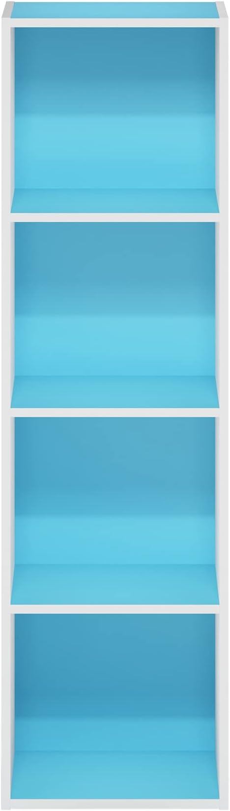 Furinno PASIR Book Shelf, 4-Tier Modern Bookshelf, Open Shelves Bookcase 9 x 12 x 42, Easy Assembly, for Living Room, Bedroom, Home Office, Light Blue/White